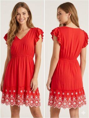 Solitaire Red Eyelet Flutter Sleeve Dress Size M Boho Rayon V-Neck Tiered Hem
